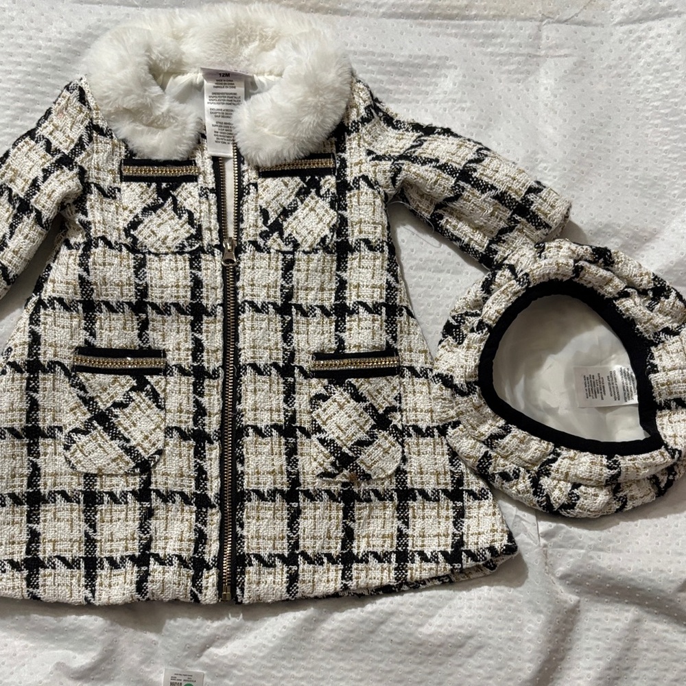 Blueberi Boulevard Black and White Plaid Pea Coat with Faux Fur